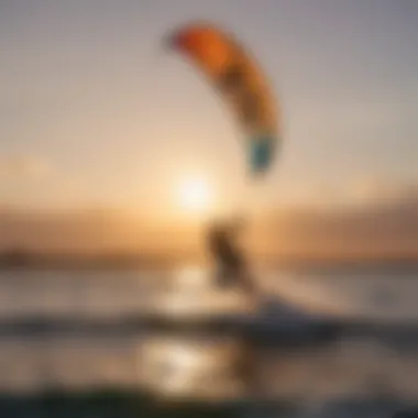 A stunning sunset view of a kitesurfer gracefully gliding across the water, highlighting technique.