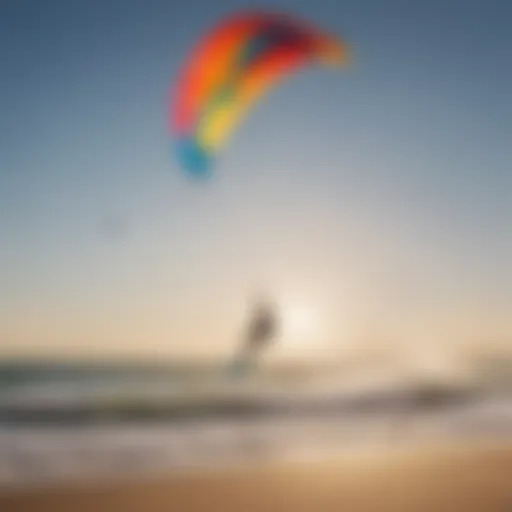 A vibrant kitesurfing scene on a sunny beach with colorful kites soaring in the sky.