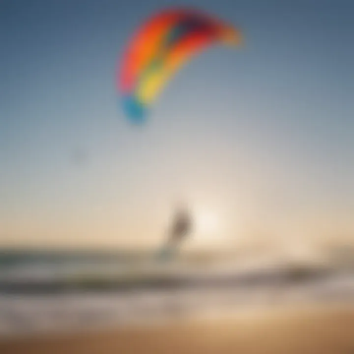 A vibrant kitesurfing scene on a sunny beach with colorful kites soaring in the sky.