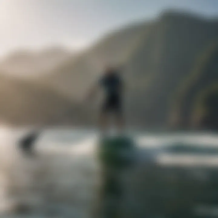 A scenic shot of a paddler on water using a SUP hydrofoil.