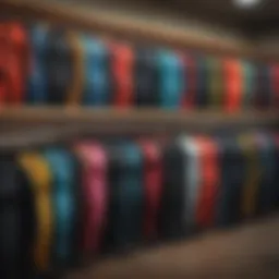 A vibrant selection of used wetsuits on display