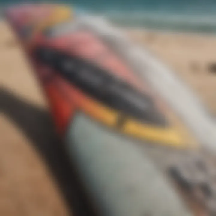 A close-up view of a used kiteboard showcasing its design and wear.