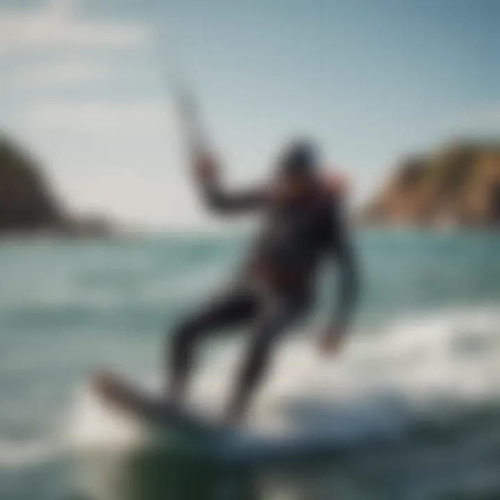 A kitesurfer in action using the Mystic harness, demonstrating its functionality on the water.