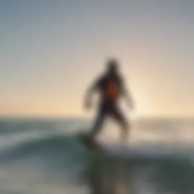 A scenic beach setting with kitesurfers in action, emphasizing safety gear