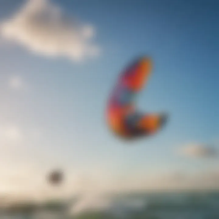 A vibrant kitesurfing scene showcasing colorful kites against the backdrop of a clear blue sky.