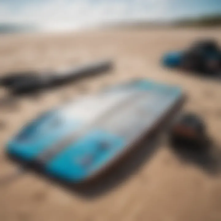 A close-up of kitesurfing equipment laid out on the beach