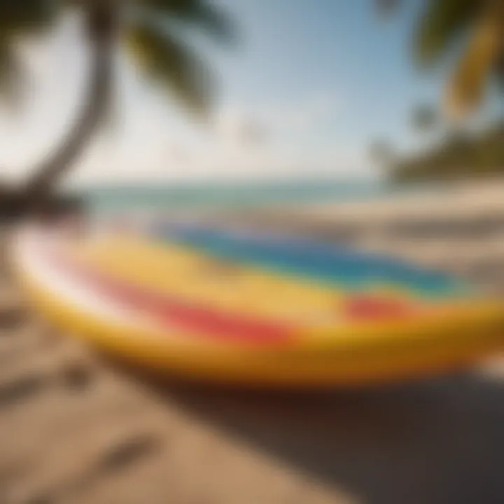 Close-up of a surfboard with vibrant designs resting on the sandy beach.