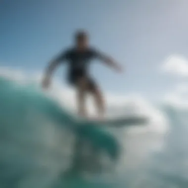 An instructor providing surfing lessons to eager students in clear blue waters.