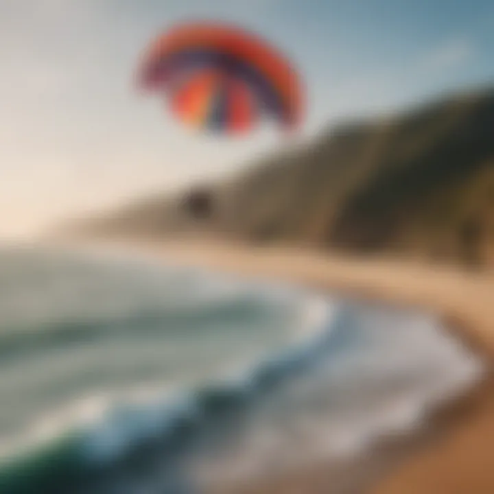 A trainer kite soaring high above a picturesque coastline