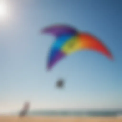 A close-up shot of a trainer kite in vibrant colors against a clear blue sky