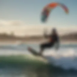 A vibrant kitesurfer soaring above the waves in California's coastline