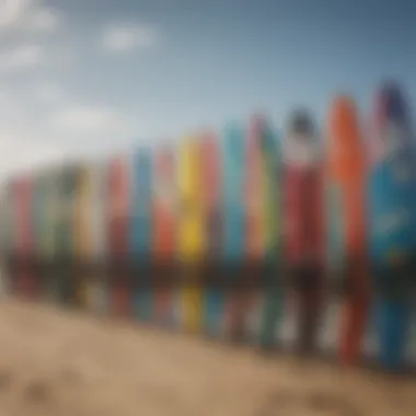 Different types of kiteboards displayed in a vibrant outdoor setting.