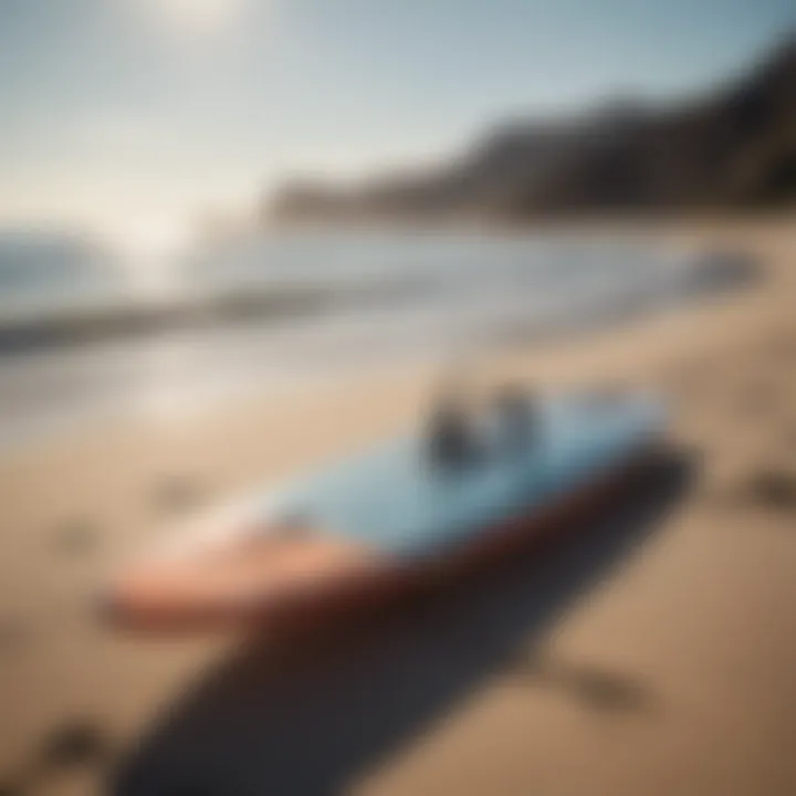 A serene beach scene with non-electric hydrofoil boards ready for use