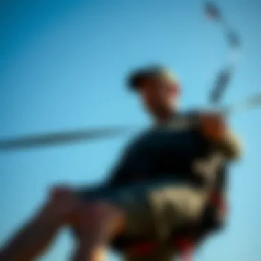 A skilled individual maneuvering a two-line kite against a backdrop of blue skies.