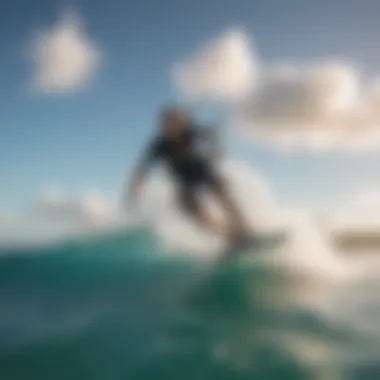 A kiteboarder speeding across the waves with the Aruban coastline in the background