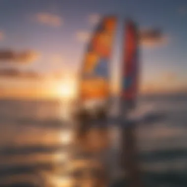 Colorful kiteboarding equipment against a sunset sky