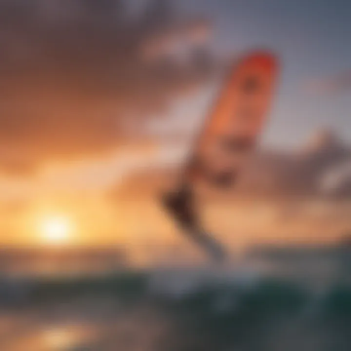 Kitesurfers riding the waves against a stunning sunset backdrop.