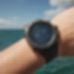 A close-up of the Woo smartwatch displaying kitesurfing metrics against a vibrant ocean backdrop.