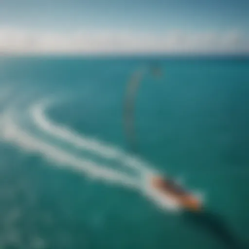 Aerial view of kite foiling equipment on turquoise water