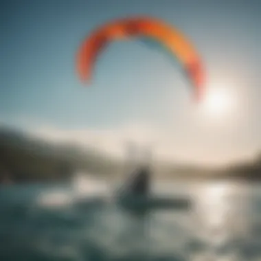 Crystal clear water with kite foiler gliding effortlessly above the surface