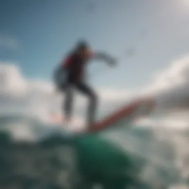 Close-up of hydrofoil board cutting through waves with kite in the sky