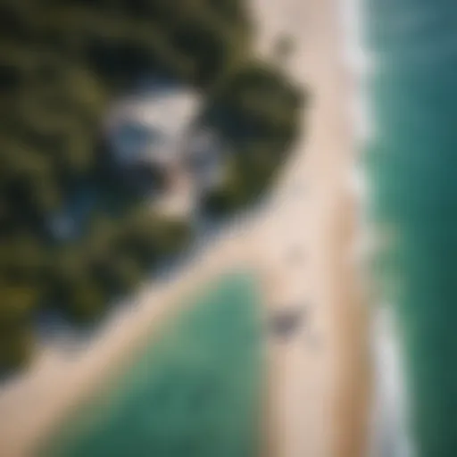 Aerial view of kitesurf shop on a tropical beach