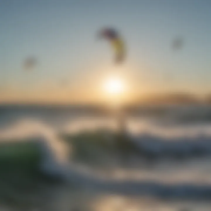 Kitesurfers gliding through waves