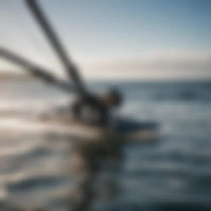 Close-up of hydrofoil technology beneath the board