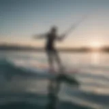 Foil board in motion on glassy water