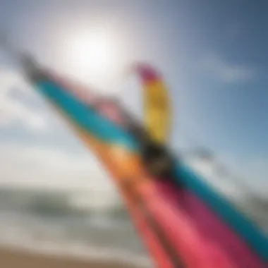 Close-up of used kiteboarding kite with vibrant colors unfurled in the wind