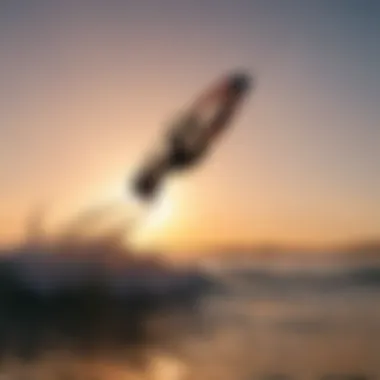 Silhouette of a kiteboarder riding the waves at sunset with used gear