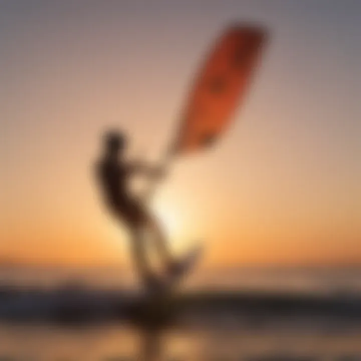 Silhouette of a skilled rider gracefully maneuvering a wing foil set during sunset