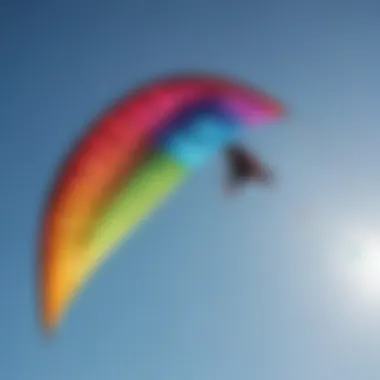 Close-up of a colorful kite soaring high against a clear blue sky