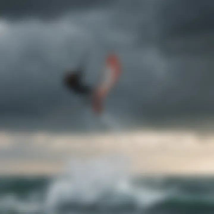 Dramatic shot of a kiteboarder performing tricks with the kite in a stormy sky