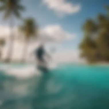 Kiteboarder navigating through the turquoise waves with palm trees in the background