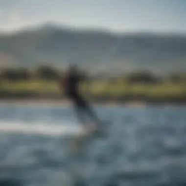 Effortless Glide on the Foil Foil boarder gliding effortlessly across the water's surface