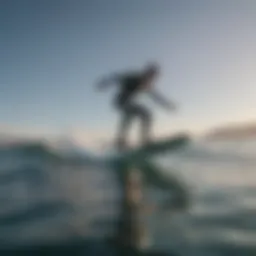 A stunning view of a foil surfer gliding above the water's surface.