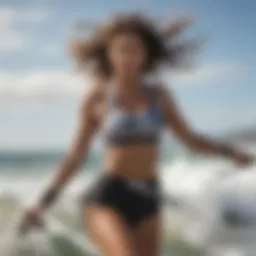 An elegant Gildan crop top in motion against the backdrop of crashing waves