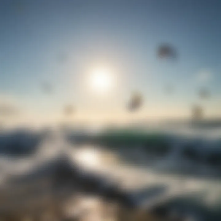 Panoramic view of kiteboarders riding the waves under a clear blue sky