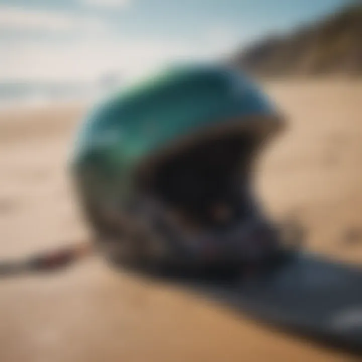 Close-up of specialized greenhat kiteboarding equipment on sandy beach