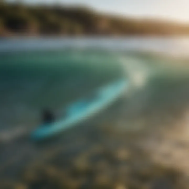 Greenlight surfboard floating on crystal-clear water