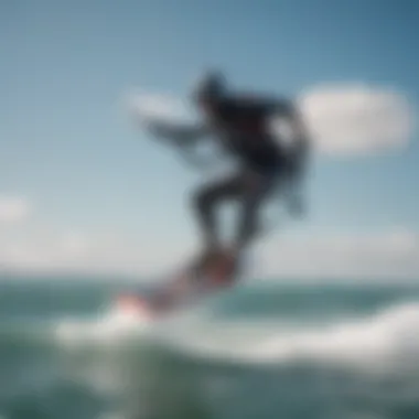 A group of kitesurfers riding the waves with electric foil hydrofoils