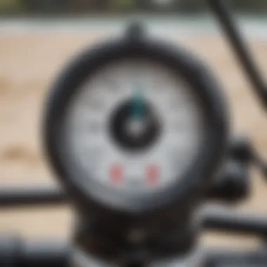 Close-up of a kite surf pump gauge showing pressure levels