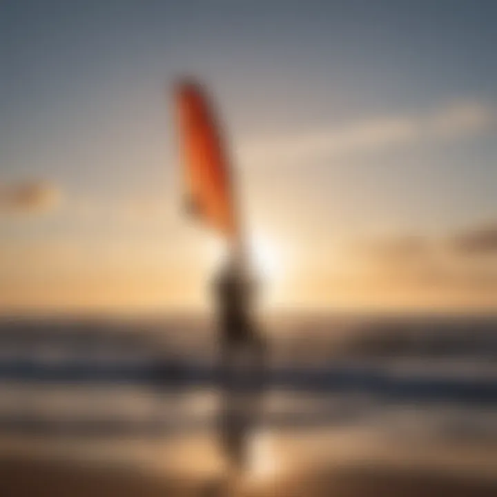 Silhouette of a kitesurfer preparing to pump the kite