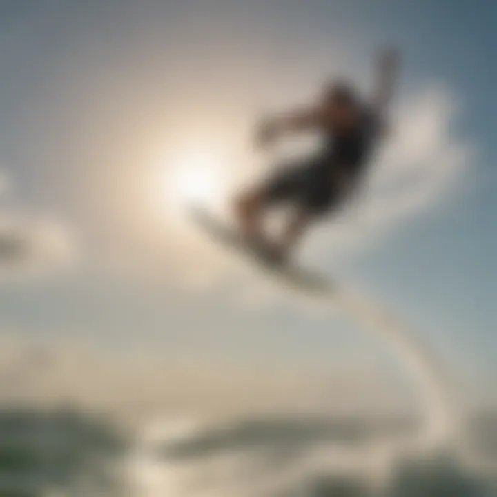 Kitesurfer performing a high jump with the Sarasota coastline in the background