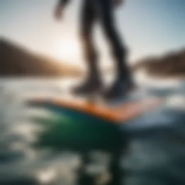 Close-up of hover foil board gliding smoothly above water surface