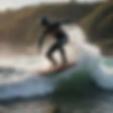 Rider carving through foamy waves on hover foil board