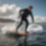 A detailed view of a hydrofoil board cutting through water