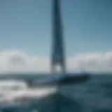 Sleek hydrofoil mast on a blue ocean background