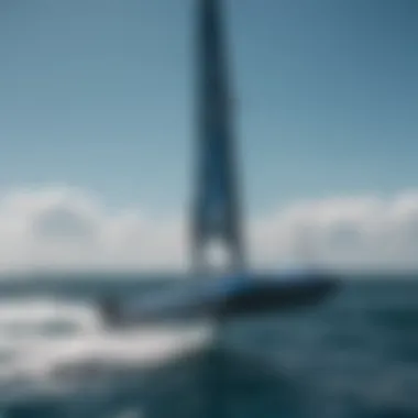 Sleek hydrofoil mast on a blue ocean background